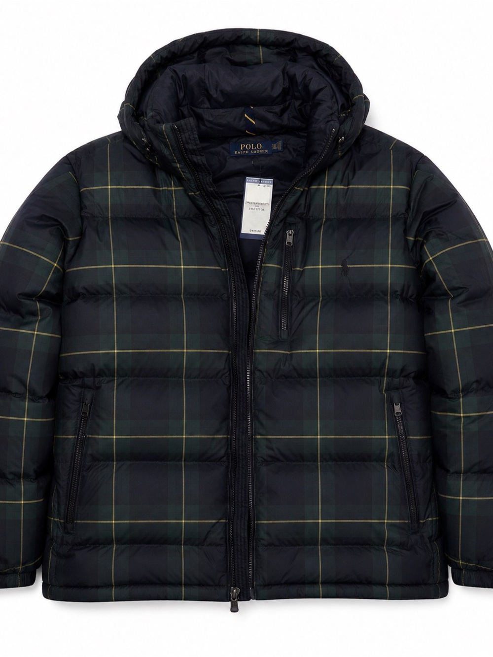 Polo by Ralph Lauren Black & Green Plaid Quilted Down Puffer Jacket